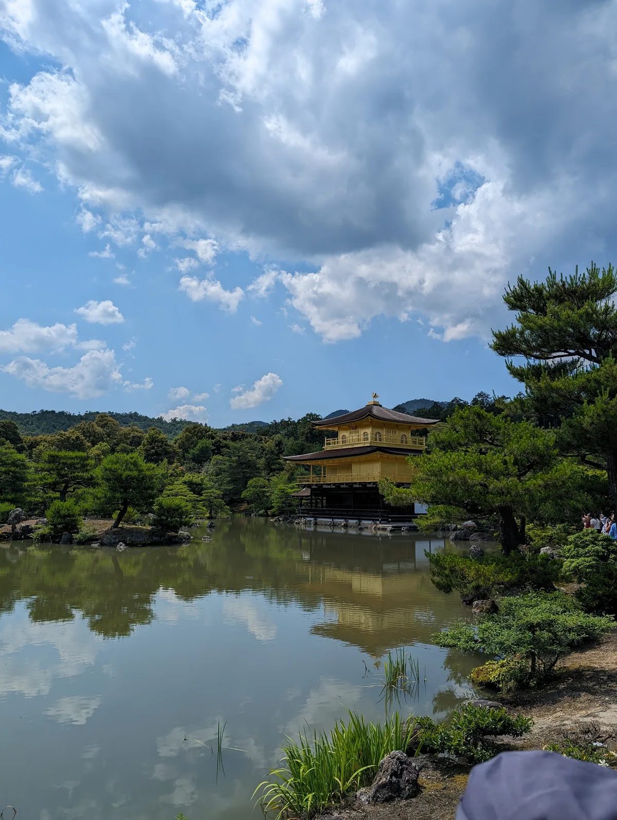 Kinkaku-ji Golden Pavilion reflecting in the pond surrounded by green trees under a blue sky in Kyoto, Japan.