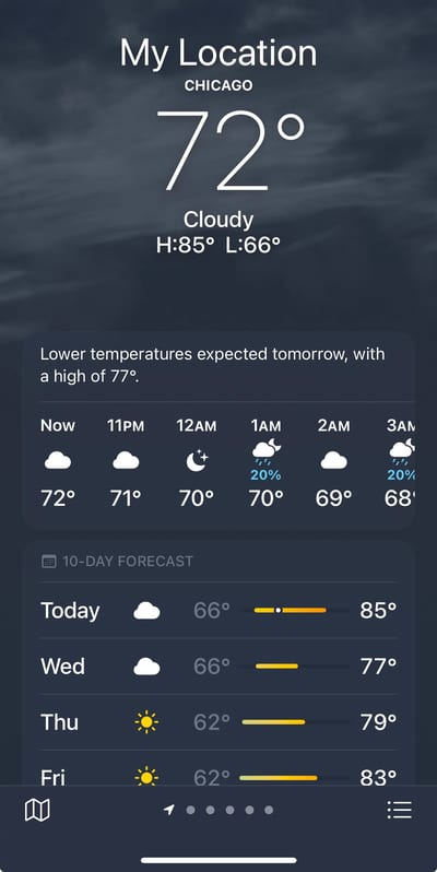 Chicago, Illinois weather app showing 72°F and cloudy on arrival night
