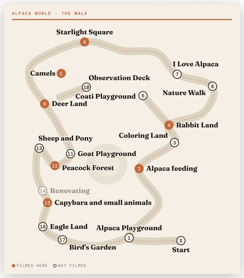 Schematic map of the Alpaca World walking loop from Start through Alpaca Playground, Alpaca feeding, Rabbit Land, Starlight Square and Deer Land, with filmed stops in orange