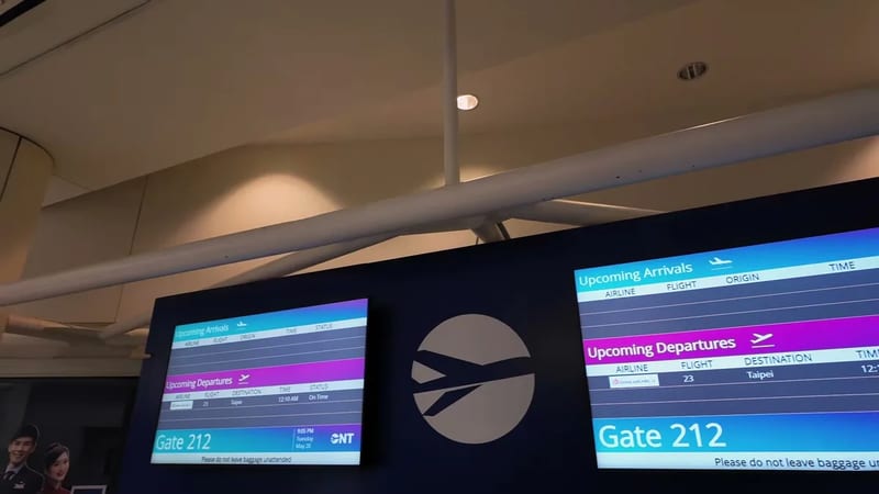 Ontario airport board showing China Airlines flight 23 to Taipei at gate 212