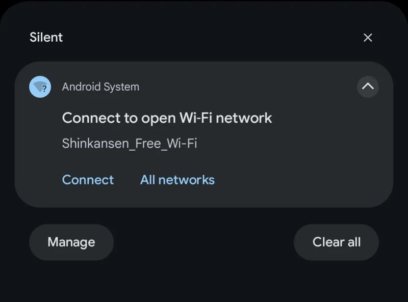 Android notification to connect to Shinkansen Free Wi-Fi network in Japan.