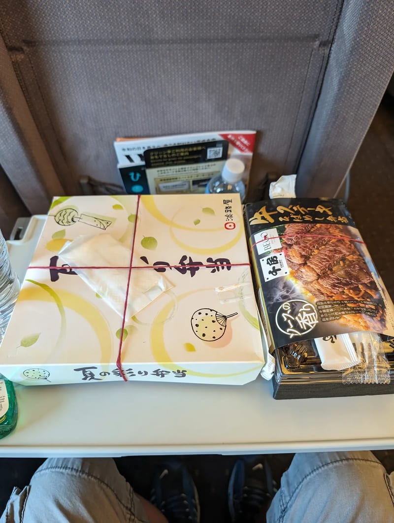 Two Japanese bento boxes on a Shinkansen tray table, one wrapped, one open with grilled meat, Japan.