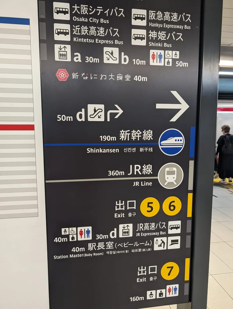 Multi-lingual sign inside Shin-Osaka Station, Japan, showing directions to Shinkansen, JR Line, and bus platforms.