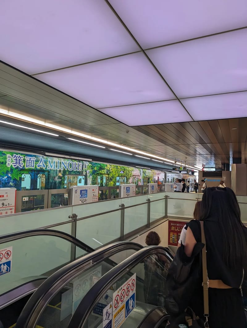 People on escalator in Shin-Osaka Station, Japan, with a nature-themed decorated train car on the platform below.