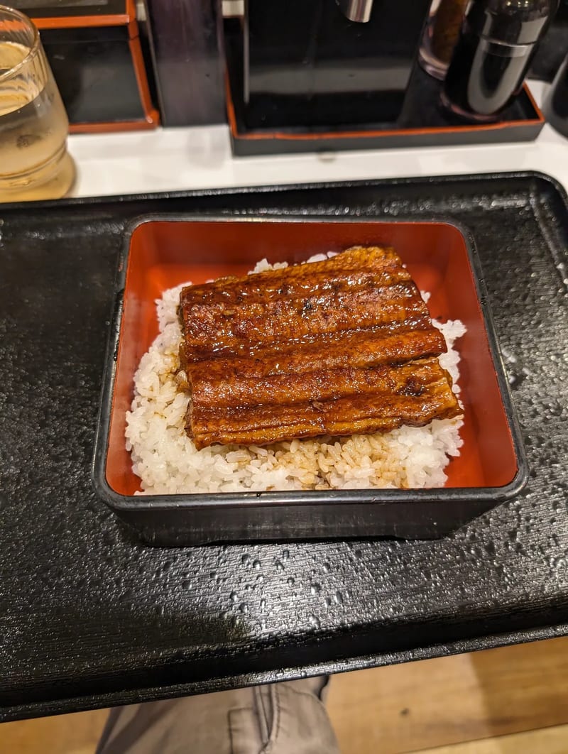 Close-up of Japanese unagi grilled eel over white rice in a bowl at Yoshinoya in Shibuya, Tokyo, Japan.