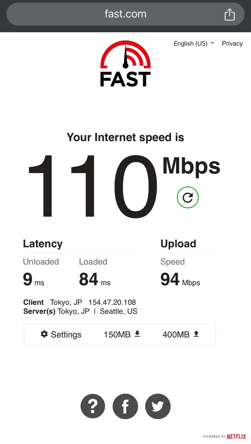 Fast.com speed test showing 110 Mbps download on the Shinkansen near Tokyo, Japan.