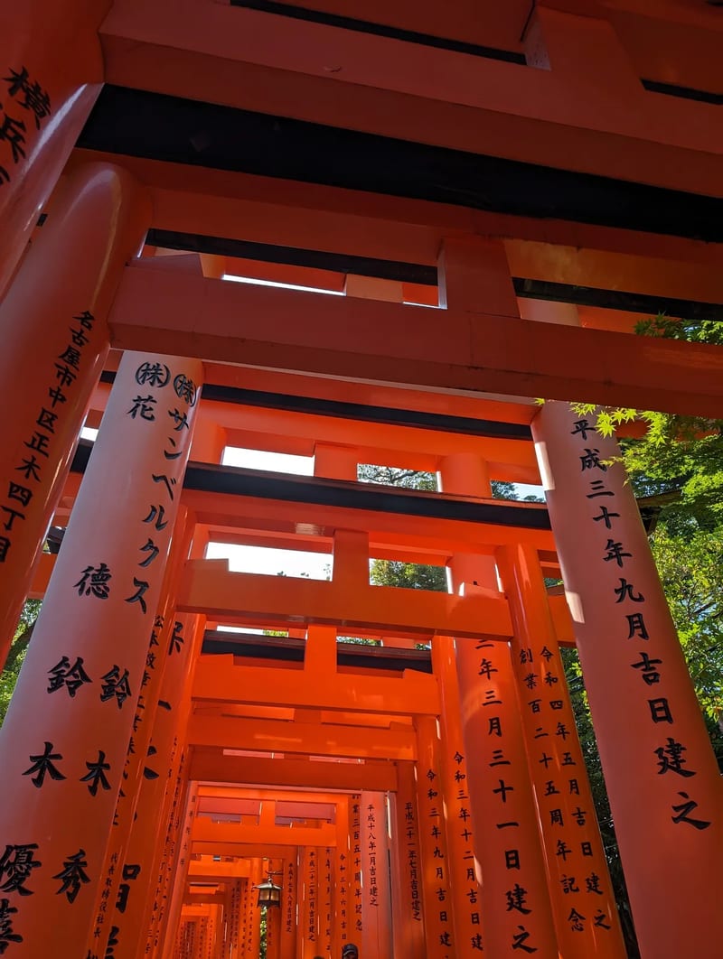 Low-angle view of Fushimi Inari Shrine's orange torii gate tunnel with inscriptions in Kyoto, Japan.