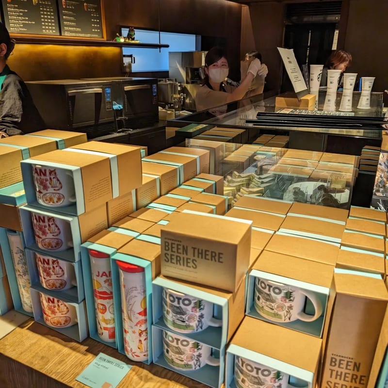Starbucks 'Been There Series' mugs and tumblers on display in a Kyoto store, Japan.