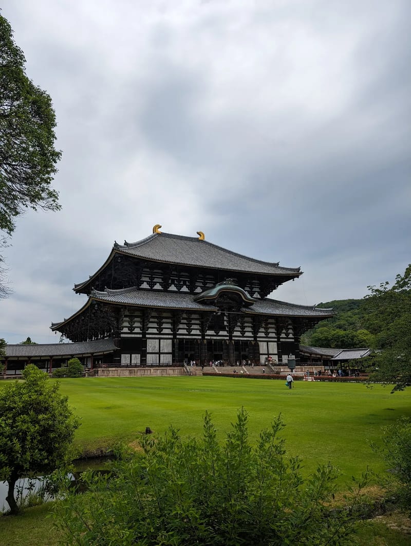 Wide view of Todai-ji Temple's Daibutsuden Great Buddha Hall in Nara, Japan.