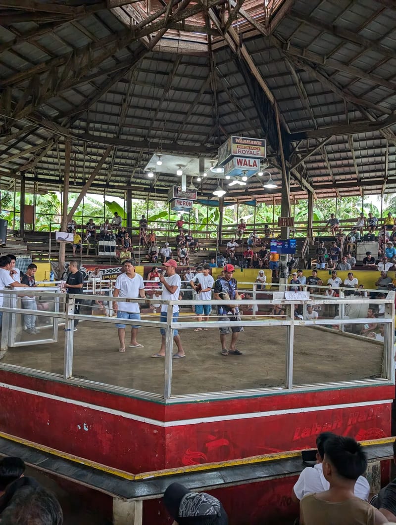 Interior of a circular open-air cockfighting coliseum in Liliw, Laguna, Philippines, with wooden tiered seating and men standing inside the glass-enclosed pit.