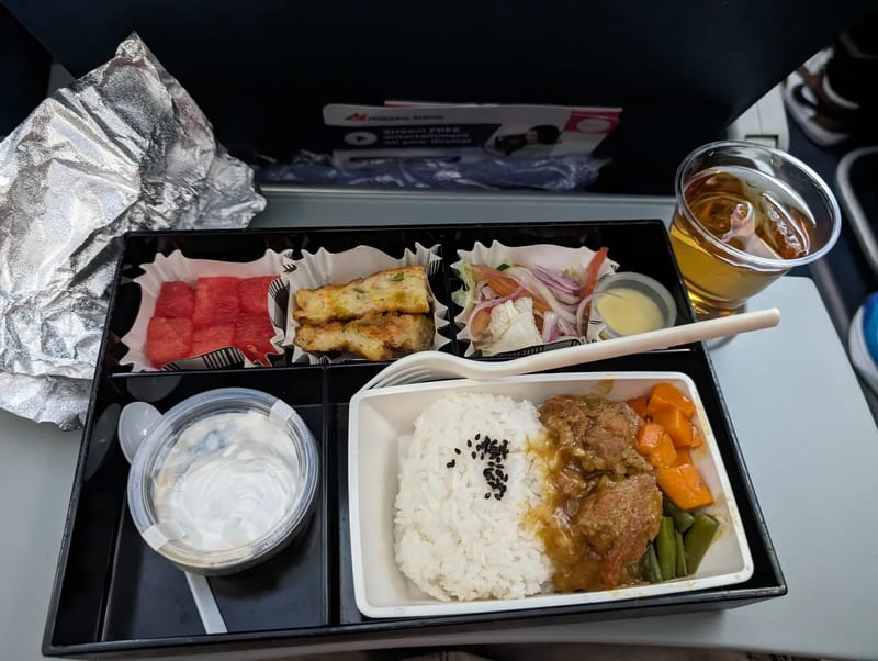 In-flight meal tray with rice, meat, vegetables, watermelon, salad, and yogurt on Philippine Airlines.