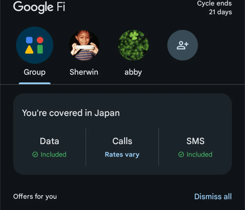 Google Fi app screenshot showing 'You're covered in Japan' with data and SMS included.