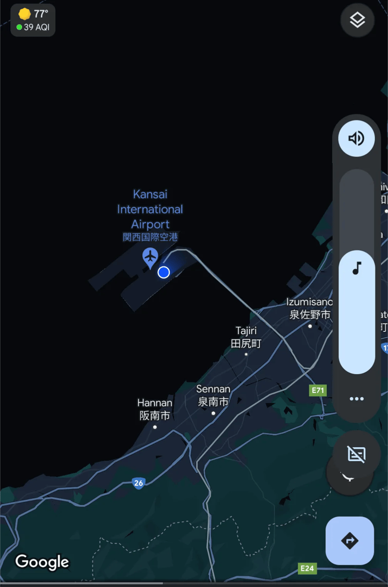Google Maps screenshot showing Kansai International Airport location in Osaka Bay, Japan.
