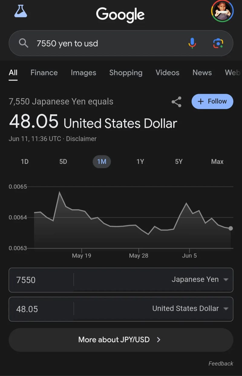 Google search result showing 7,550 Japanese Yen equals 48.05 United States Dollars.