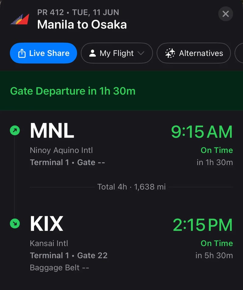 Philippine Airlines flight PR 412 details showing Manila to Osaka departure and arrival times.