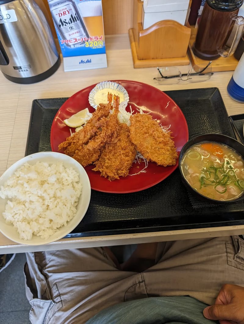Japanese fried seafood and tempura meal with beer at Katsuya in Japan.