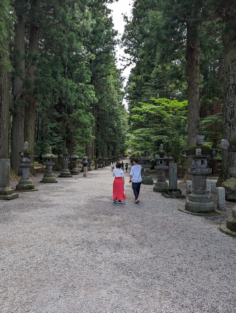 People walking along a stone path through tall cedar trees at Fuji Sengen-Jinja Shrine, Yamanashi, Japan.