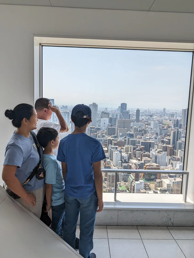 Osaka city and river view from the Umeda Sky Building observation deck, Japan.