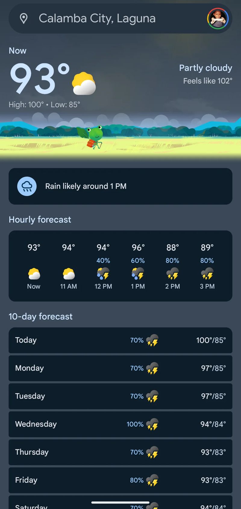 Weather forecast screenshot for Calamba City, Laguna showing 93°F, partly cloudy, and rain likelihood on June 2, 2024.